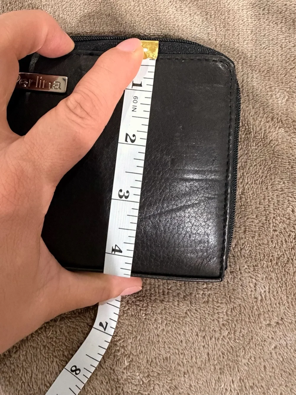 Perlina Black Leather Zip-Around Wallet with Metal Logo